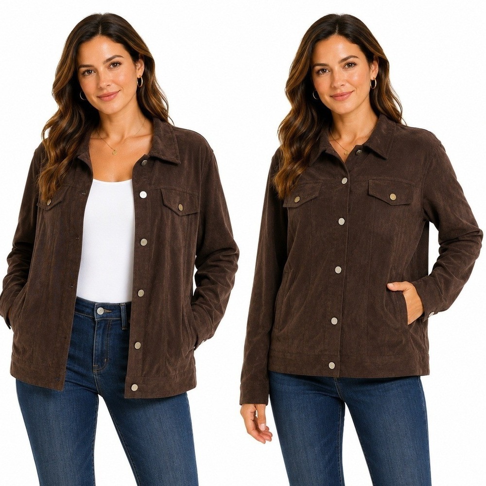 Denim & Co Jacket Womens Large Brown Faux Suede Trucker Jacket Button Front